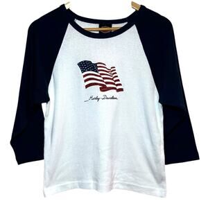 Kellys Harley Davidson Billerica, MA Glitter Flag USA Blue White 3/4 Jersey